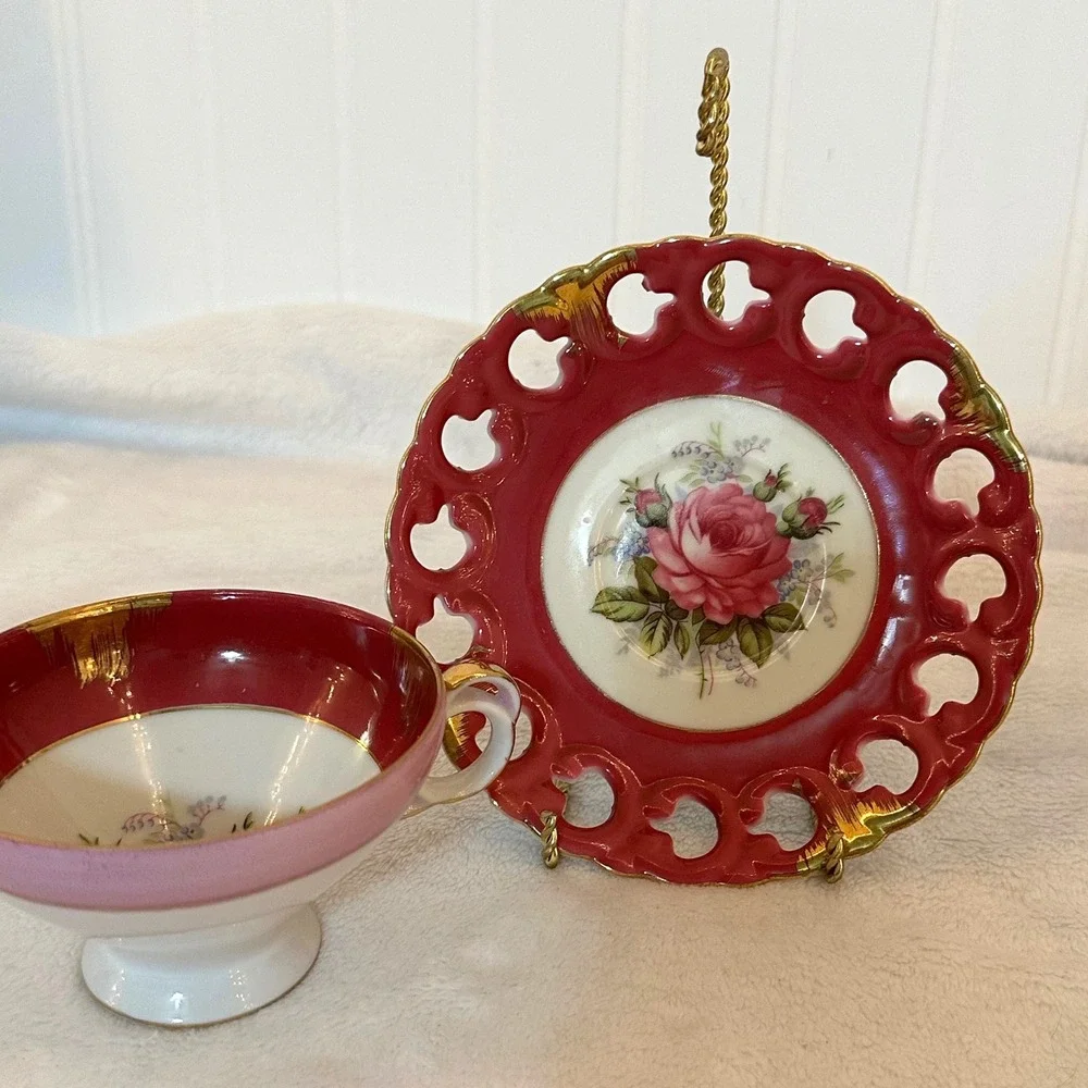 Japan Porcelain Tea Cup Saucer Set Pink Gold Reticulated Rose Floral Excellent